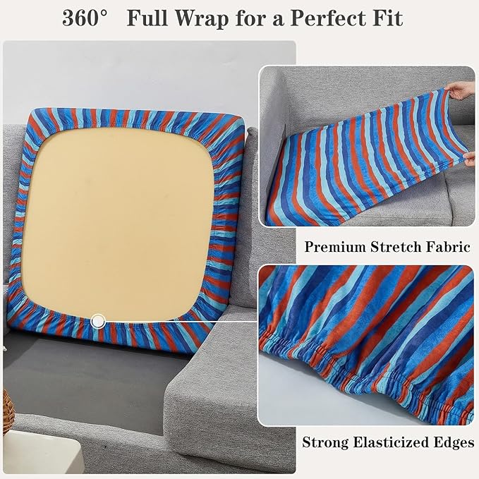 8 Pack Outdoor Cushion Covers Water Resistant High Stretch Fit Patio Cushion Covers 180g Couch Seat Slipcovers Machine Washable Pet & Kids Friendly Home Refresh 20-27 Inch, Teal Stripe