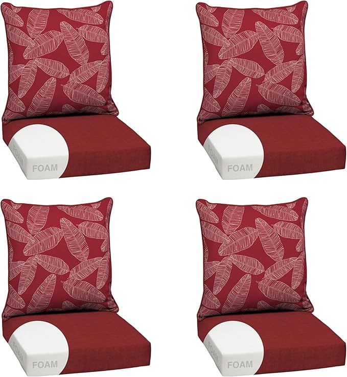 Arden Outdoor Foam Deep Seat Cushion Set (4-Pack), 24x24, Premium High-Density Foam, Never Flattens, Weather-Proof for Patio Chair Sofa Couch, Red Leaf Palm