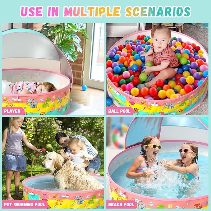 Kiddle Baby Pool with Canopy, Pop-Up Above Ground Pool, Foldable Infant Wading Pool for Toddlers 1-3, Baby Beach Tent, Portable Water Play Sum Toys for Child