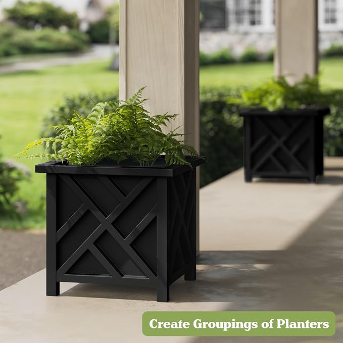 Pure Garden Lattice Design Planter Box - 15.5"D x 15.5"W x 16.5"H - Square Decorative Outdoor Flower or Plant Pot - Front Porch, Patio, and Garden Decor (Black)