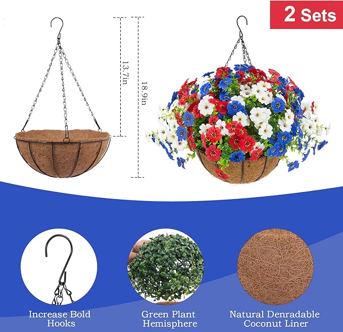 Hananona 2 Set Artificial Outdoor Flowers with Hanging Basket, 2 Hanging Planters with 24 Pcs Patriotic Flowers for Summer Front Porch Patio 4th ofJuly Decor (2, Red, White, Blue)