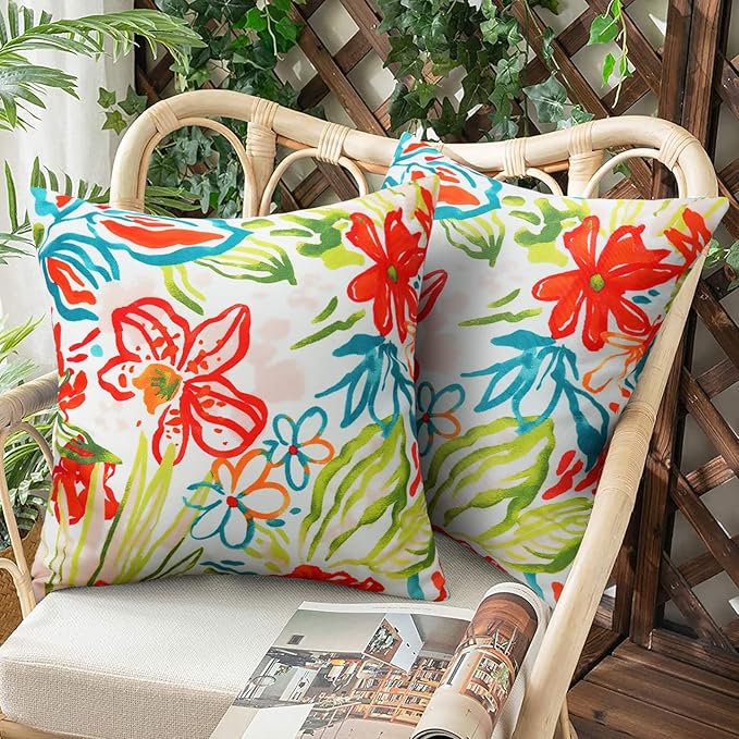 Merrycolor Pack of 2 Outdoor Pillow Covers 18x18 Waterproof Pillow Cover Floral Decorative Square Pillowcase Outdoor Pillows for Patio Furniture Garden Balcony Couch(Red and Sage