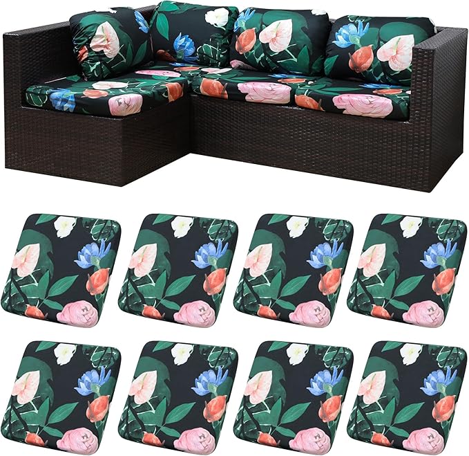 8Pcs Patio Cushion Covers,Outdoor Cushions Covers,Stretch Cushion Covers Replacement, Washable and Reusable Furniture Protectors(Flowerbed)