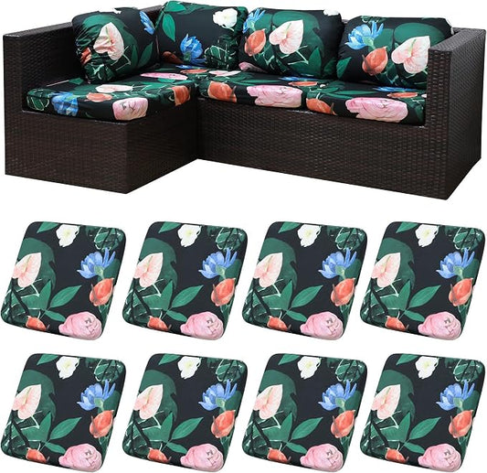 8Pcs Patio Cushion Covers,Outdoor Cushions Covers,Stretch Cushion Covers Replacement, Washable and Reusable Furniture Protectors(Flowerbed)