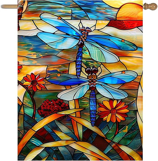Stained Glass Dragonfly Garden Flag Spring Summer House Flag Fall Floral Decorative Yard Flags for Outside 28x40 Double Sided Large Seasonal Lawn Flags Rustic Outdoor Decor