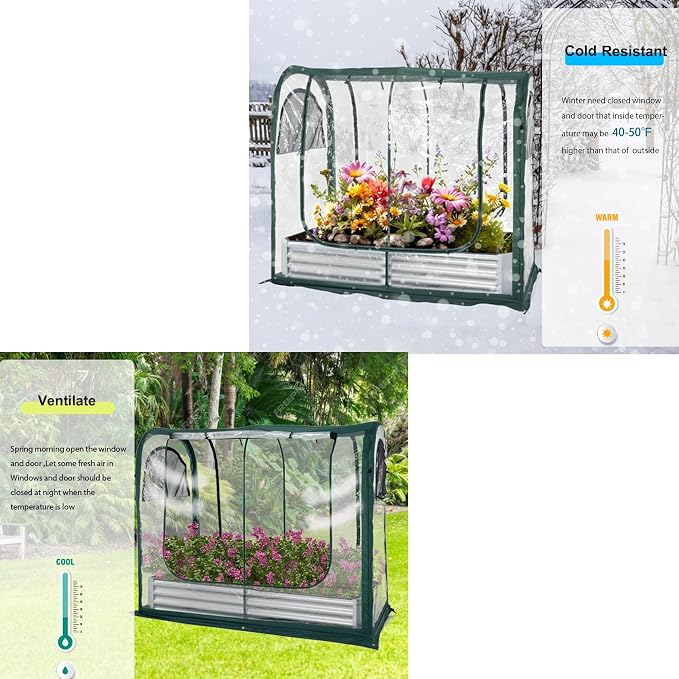 PORAYHUT All-in-One Raised Garden Bed and Greenhouse Kit,Metal Outdoor Planter Box with Pop up Tunnel Greenhouse Cover ,Vegetables, Flowers for Cold Frost Protector (72.4X 36.6 inch)