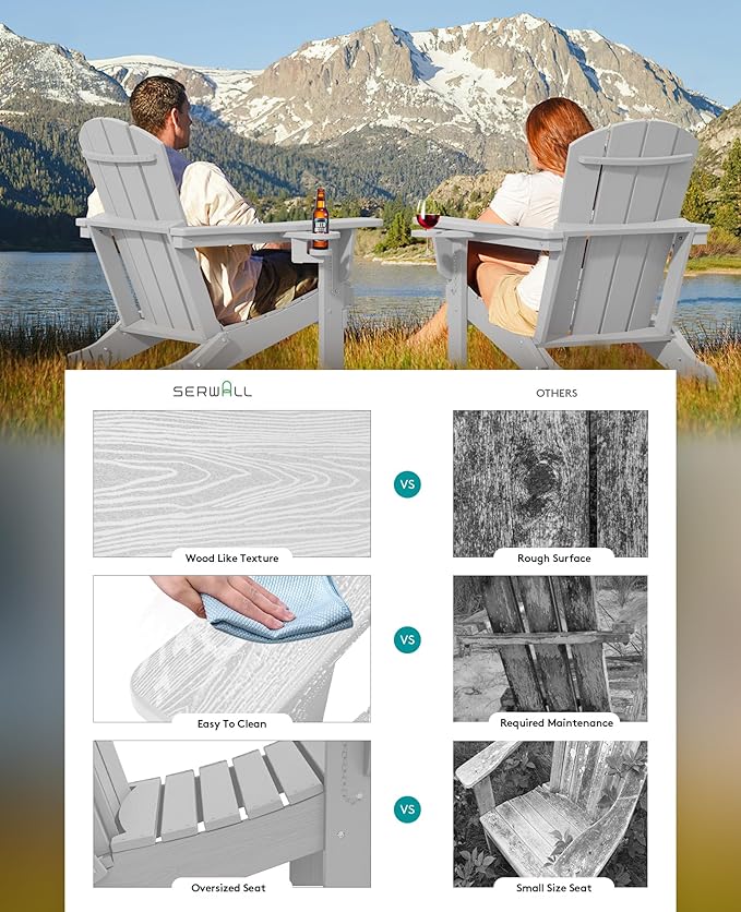 SERWALL Adirondack Chair with Cup Holders - Composite Adirondack Chairs Set of 4 HDPE Outdoor Chairs All Weather Use- Silver Gray
