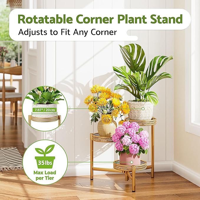 Metal Plant Stand Indoor Outdoor, 3 Tier Corner Plant Shelf for Multiple Plants, Gold Tiered Plant Stand, Heavy Duty Flower Holder, Folding Tall Rack for Garden Patio Balcony - GoldWave