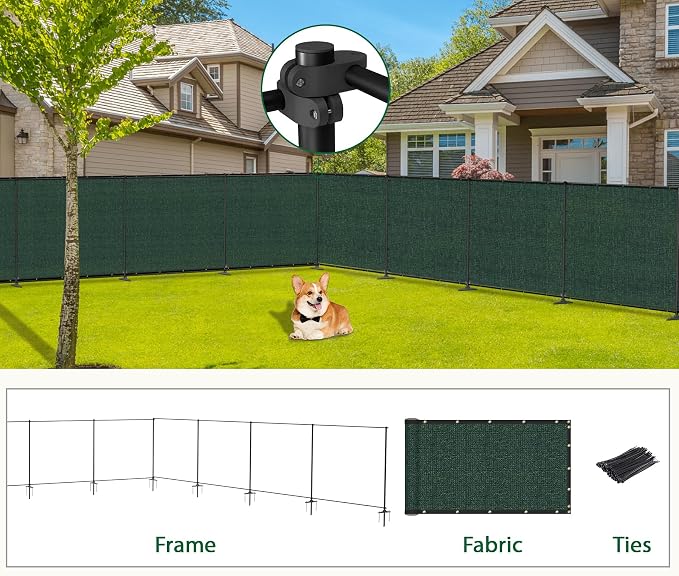 6'Hx2'W Outdoor Freestanding Privacy Screen Fence Panels with Iron Poles, Mesh Shade Net Cover Temporary Fencing for Patio Backyard Garden Deck, Green