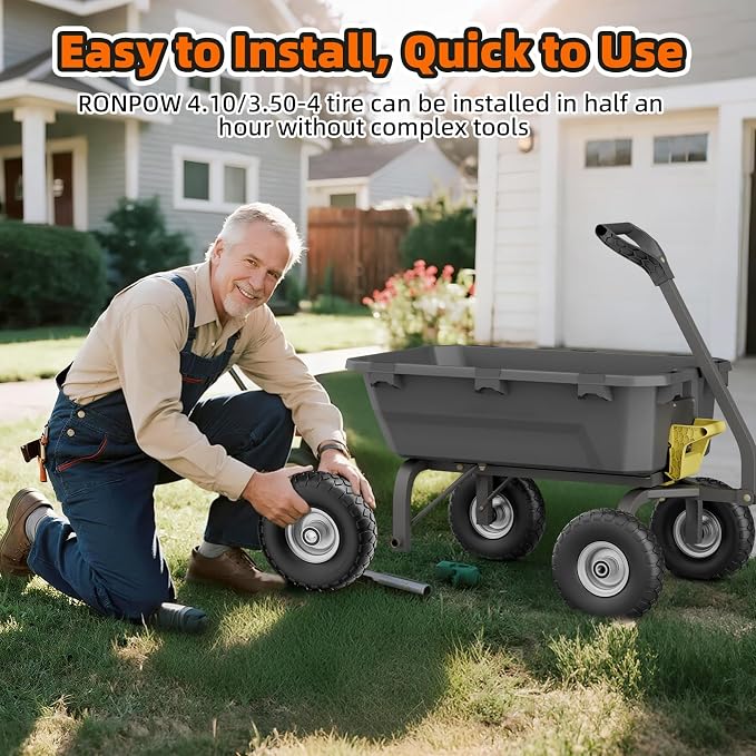 RONPOW 4.10/3.50-4 Flat Free Tire, 10 Inch Solid Tires, 500Lb Heavy Duty Replacement Wheel with 5/8" Bearings, Compatible with gorilla Cart, Garden Carts, Dump Wagon, Dolly & Hand Trucks, 2Pack Silver
