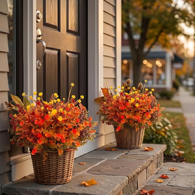 Hananona 24 Pcs Artificial Fall Flowers Outdoor, Faux Artificial Plants UV Resistant Plastic Autumn Flower for Hanging Planter Front Door Porch Window Home Decor (24, Orange)