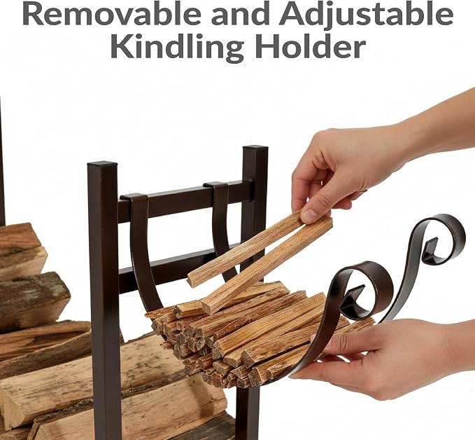 Sunnydaze 33 Inch Indoor Firewood Rack with Kindling Log Holder - Heavy-Duty 1/4 Cord Outdoor Wood Storage for the Fire Pit or Fireplace - Bronze