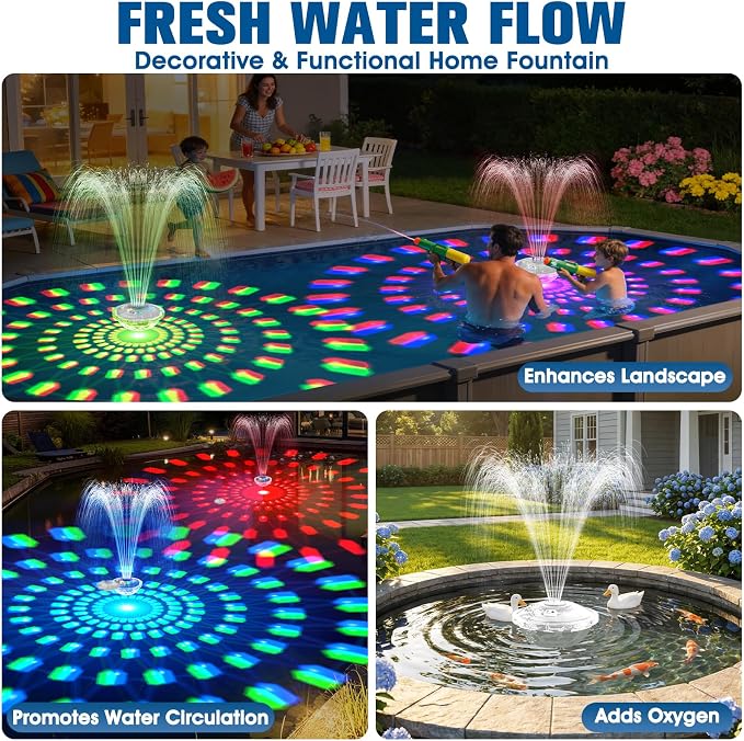8000mAh Rechargeable Pool Fountain with Lights,2026 Floating Pool Fountain for Above Ground Pool Water Fountain Pump with Anchor, Swimming Pool Fountain Floating Pump for Pool Pond-SnowWhite
