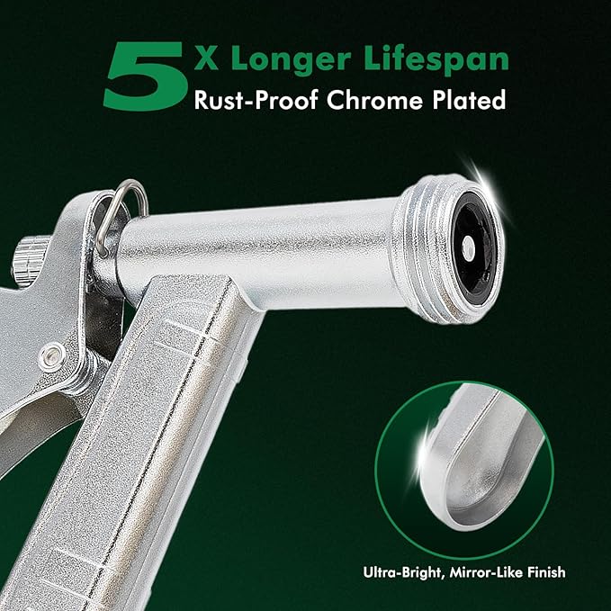 RESTMO 100% Metal Garden Hose Nozzle, 5X Lifespan Rust-Proof Chrome Plated, Heavy Duty Zinc Alloy Pistol Grip with Threaded Front, High Pressure Hose Sprayer Nozzle for Car Washing, Plant Watering
