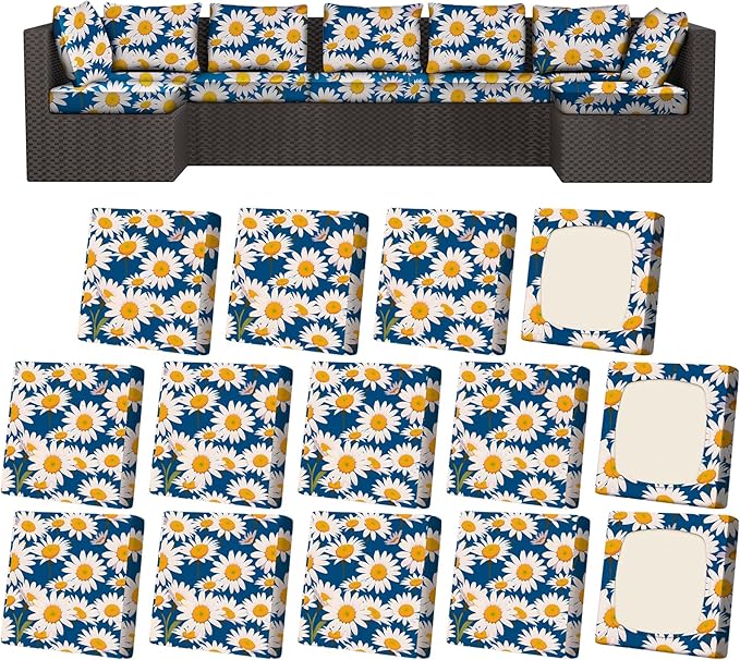14Pcs Patio Stretch Cushion Covers, Outdoor Couch & Sofa Replacement Slipcovers for Patio Furniture Cushion Covers, Washable Reusable Furniture Protector, Square Large, Daisy Flower