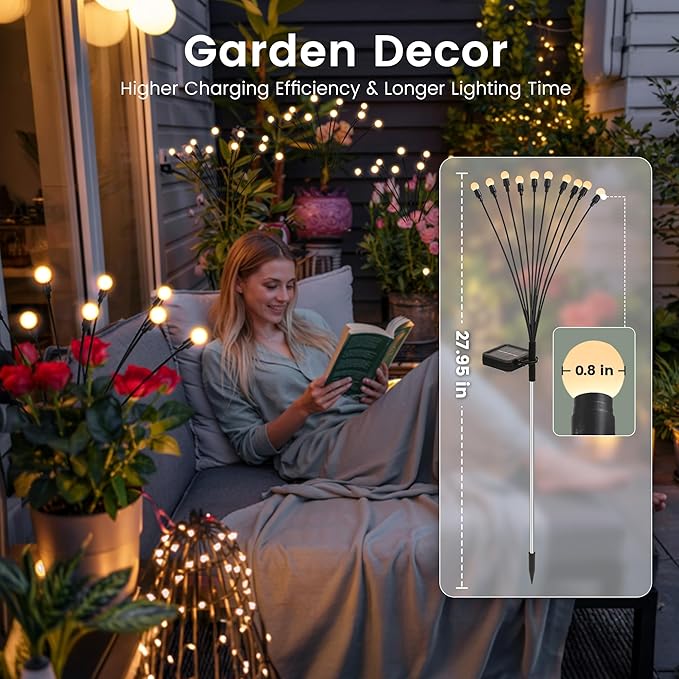 Solar Garden Lights, LED Swaying Solar Lights Outdoor Waterproof, Warm White Firefly Outdoor Decorative Lights, Garden Decor, Yard, Patio, Pathway Decoration Gardening Gifts (2 Pack)