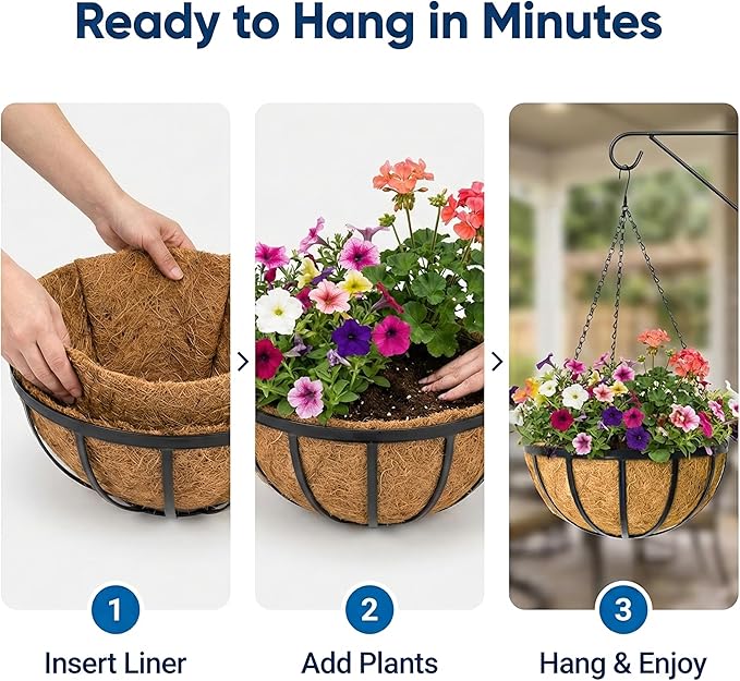 12 Inch Metal Hanging Planter Basket with Coconut Fiber Liner Hanging Plant Flower Pot for Home Garden Patio Decoration,Metal Flat Iron Pattern, 4 Pack