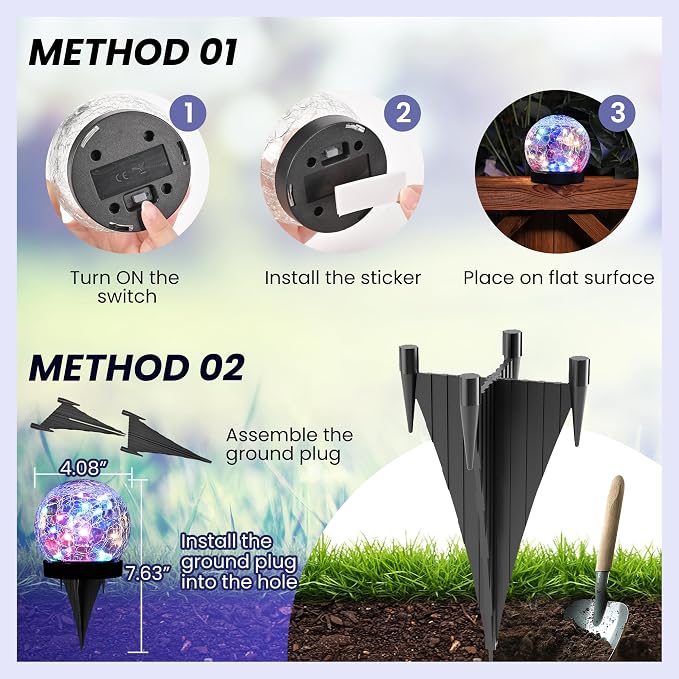 Solar Lights Outdoor for Yard Patio Porch, Garden Decor Birthday Gifts for Mom Women, Solar Globe Lights Waterproof Cracked Glass Ball Outdoor Decorations Balcony Backyard (4 Pack Multicolor)
