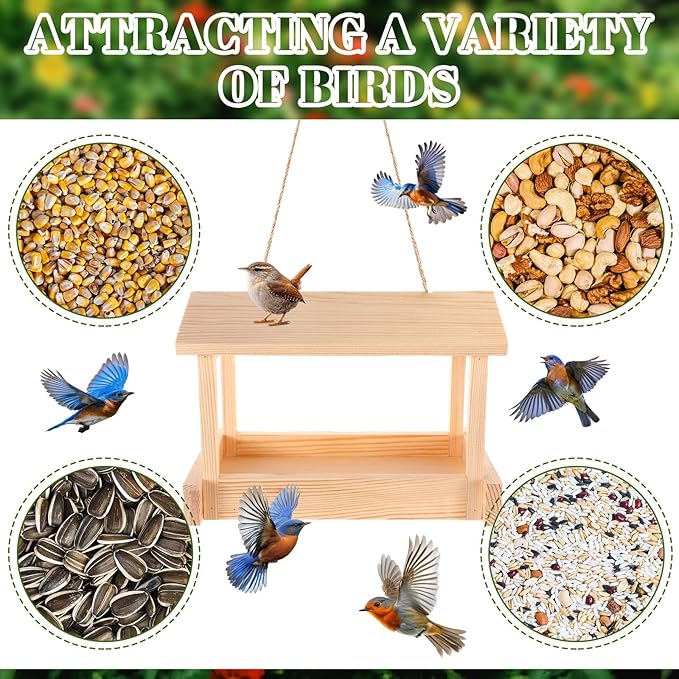 2 Pcs Wooden Bird Feeder for Outdoor Hanging, Platform Bird House, Rustic Garden Yard Decorations for Wild Birds, Cardinals, Finches, Bluebirds, Include Sloped Roof and Sturdy Rope