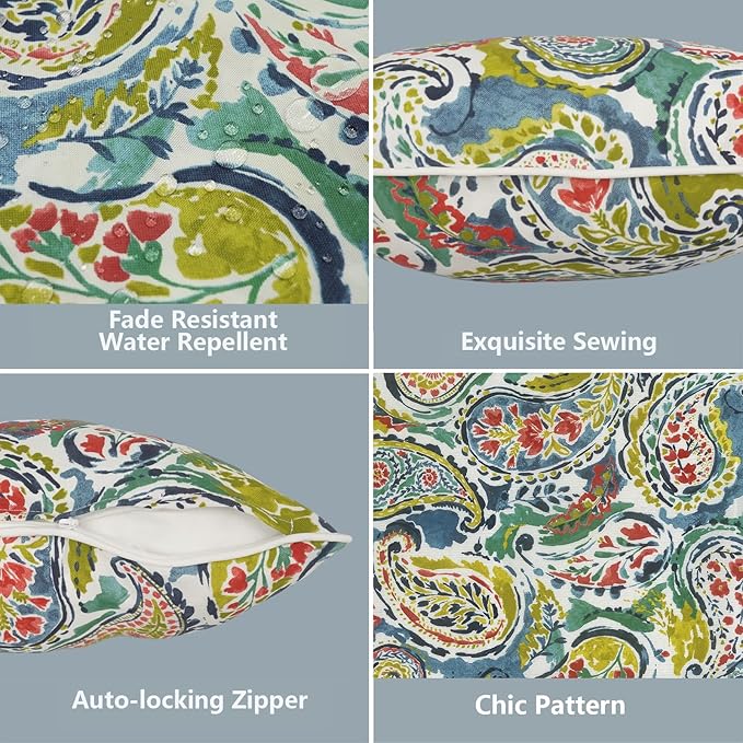 LVTXIII 2 Pack Outdoor Lumbar Pillow Covers 12x20 Inch with Piping, Water-Repellent Back Cushion Covers ONLY for Patio Furniture, Sofa, Garden Bench, Paradise Paisley