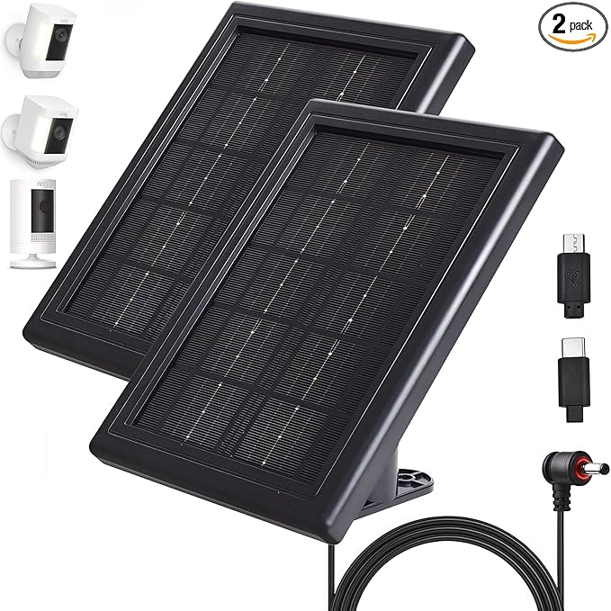 Ring Camera Solar Panel Charger, 5V 3.5W Solar Charger Compatible with Ring Stick Up Cam Battery Outdoor Wireless Surveillance Camera, 16.4ft Cable (Black, 2 Pack)