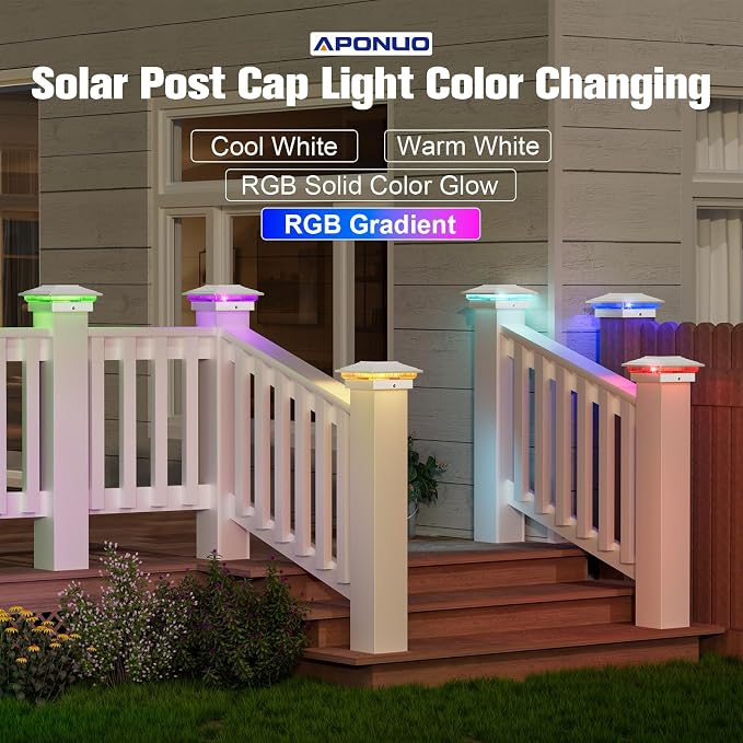 APONUO Solar Post Cap Lights Color Changing - RGB 8 Solid & Gradient Colors, IP65 Waterproof, for 4x4 5x5 6x6 Wood Vinyl Fences, Deck, Patio, Yard, White, 12 Pack