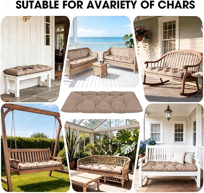 Yddsky 47.3 in Waterproof Indoor/Outdoor Garden Bench Seat Cushions，Thicken Patio Bench Soft Rocking Chairs Pad Lounger Seat for Wicker Loveseat Settee（47.3 X 19.6 X 3.9 in Khaki ）