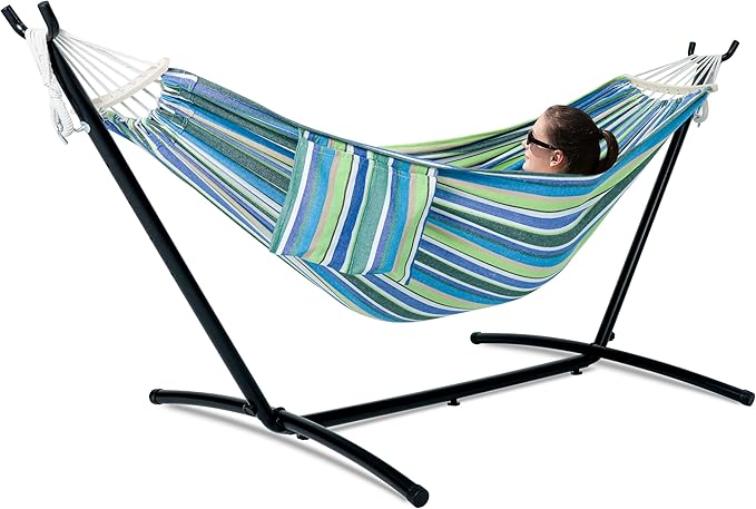 GAFETE Double Hammock with Stand for Outside, Upgraded Spreader Bar, Heavy Duty Space Saving Steel Stand 2 Person, Convenient Pocket, Easy Assembly, 600lbs Weight Capacity, Indoor & Outdoor (Garden)
