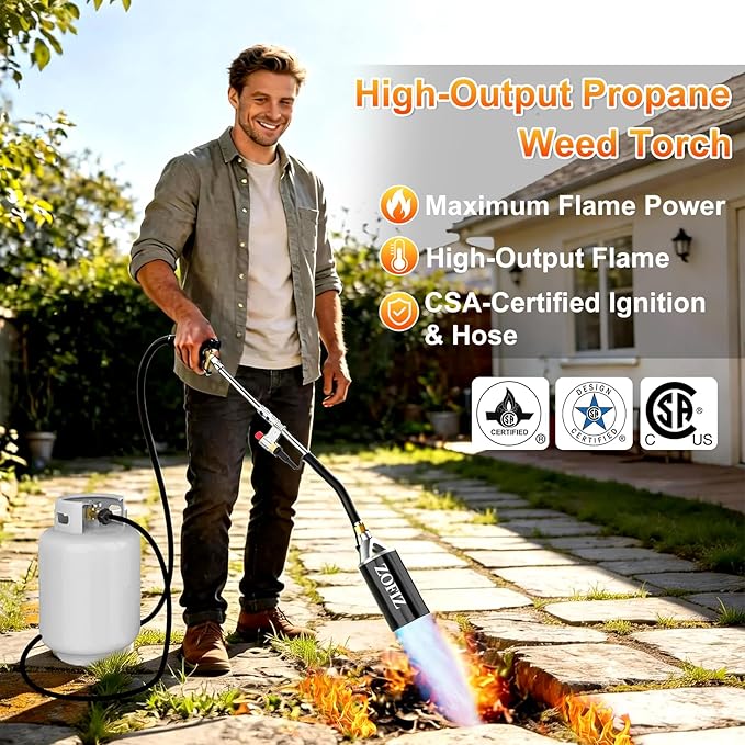 Propane Torch Weed Burner Kit, 33.5" Blow Torch with 1lb Propane Cylinder Converter, 10 FT Hose, Heavy Duty Torch with Turbo Trigger for Weeds, Roofing, Ice & Snow Melting(Fuel Not Included)