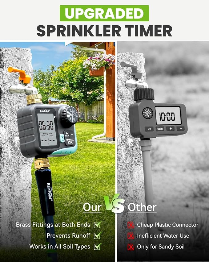 RAINPOINT Sprinkler Timer for Garden Hose - Hose Timer with Cycle & Soak/Rain Delay/Automatic Watering/Manual Watering, Programmable Irrigation System with Large Display, Brass Inlet & Outlet