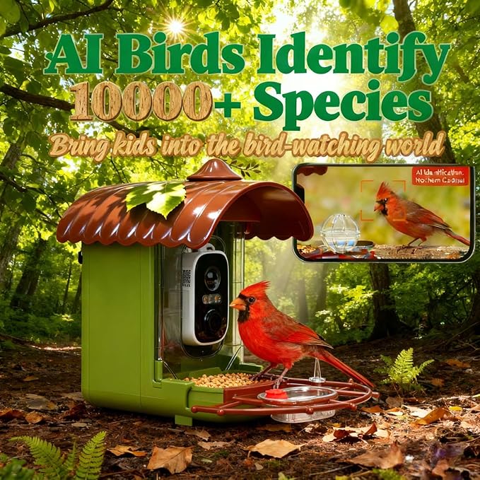 Bird Feeder with Camera, Smart Bird Feeder Camera with AI Identify BirdSpecies, Solar Powered, Instant Alerts, 2K HD Video, Various DIY Addons, 2.4G WiFi, Gift for Mom Dad and Birdlover (Green)