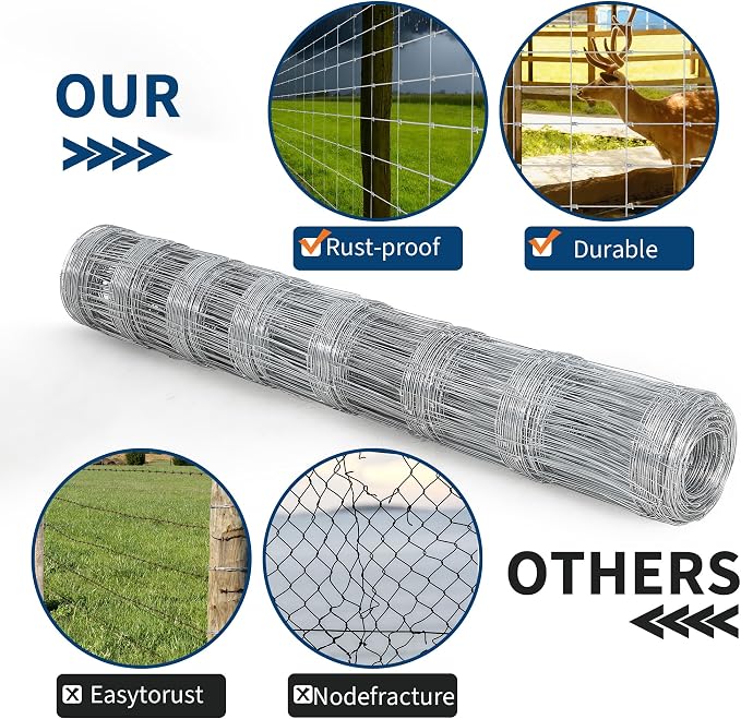  Farm Fence, 4Ft x 328Ft Galvanized Wire Fencing, Goat Cattle Deer Livestock Fence, Heavy Zinc Goat Fences for Goat Deer Yard Livestock Protection