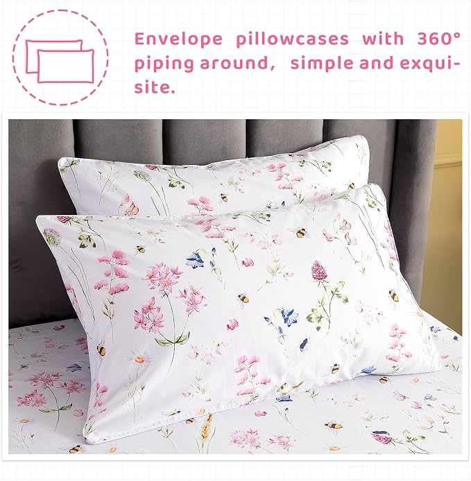 QSH Floral Bed Sheets Set Queen Size - Shabby Flower Bee Print Bed Sheet Set - Extra Soft and Breathable 100% Egyptian Cotton - 4 pcs Deep Pockets Flower Bed Sheets Queen Size Sets