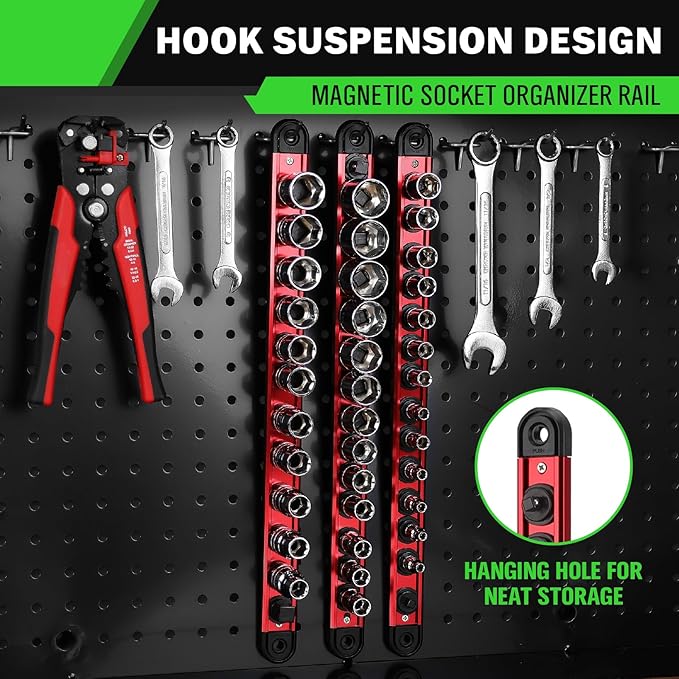 1/4-Inch Magnetic Socket Organizer Rail, Aluminum Alloy Socket Rail, Heavy Duty Sockets Holder with 14 Clips, 360° Swivel Clip Tool Tray, Sockets Organizer for Tool Box Drawer (Red)
