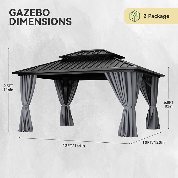 YITAHOME 10X12FT Hard Top Gazebo Aluminum Frame Patios Double Roof Canopy Garden Metal Gazebo Tent Curtains Netting for Patios Backyards Decks Lawns, Gray