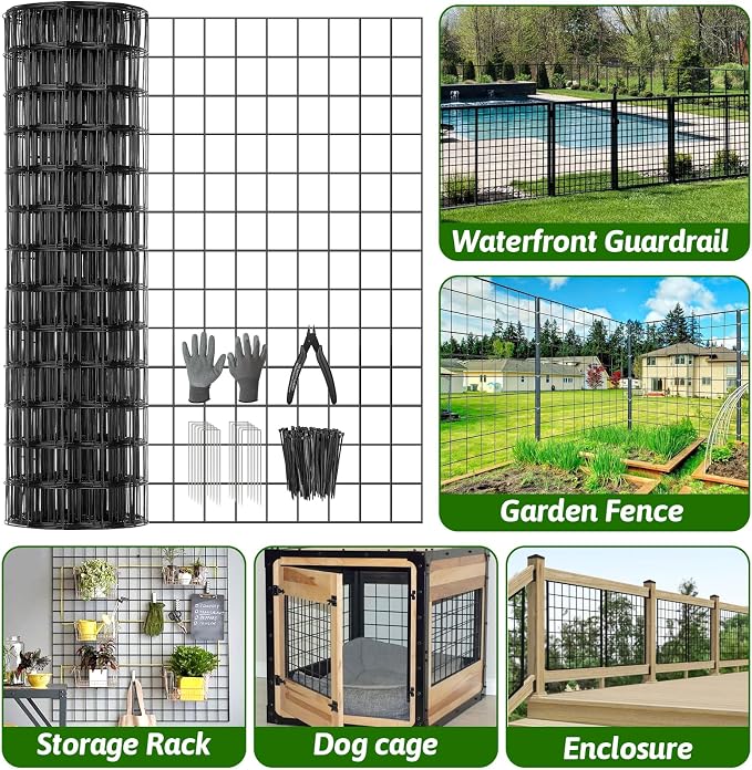 24 in x 59 Ft Welded Wire Fence Black PVC Coated Wire Mesh 2 x 3 in 14GA Garden Fence for Dog Border Fencing Roll Outdoor Animal Barrier Fence with U-Shape Hooks for Yard Plant Vegetable Protection