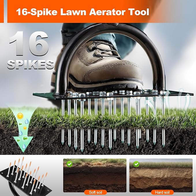 Bluesea Lawn Aerator Tool - 16 Iron Spikes with Ergonomic T-Handle, Automatic Dirt Clean for Soil Loosening & Yard Aeration, Manual Metal Grass Aerator (Black)