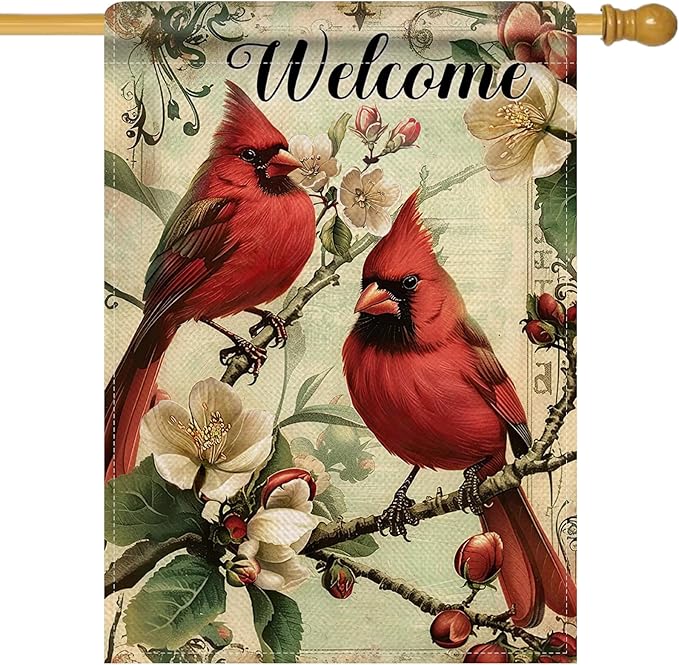 Artofy Welcome Cardinal Large Decorative House Flag, Vintage Red Birds Magnolia Flower Yard Garden Outside Decor, Retro Spring Summer Floral Burlap Outdoor Home Decoration Double Sided 28 x 40