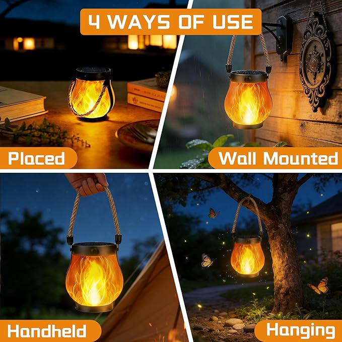 4 Pack Solar Lanterns Outdoor Waterproof, Flickering Flame Hanging Lanterns Decorative Outdoor with 2 Modes, Dual Charging USB & Solar-Powered Outdoors Lantern for Porch Yard Patio Tree Garden Decor