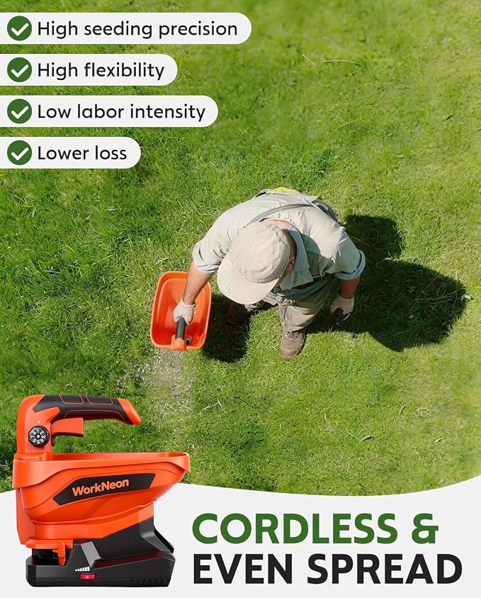 Battery Powered Seed Spreader, Handheld Power Spreader for Lawns, Rechargeable 7.2V Grass Spreader with 8-Level Settings and 3.3L Large Capacity for Snow, Rock Salt, Lawn, Garden
