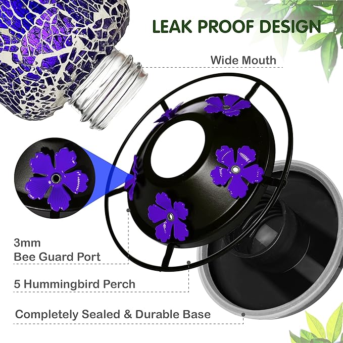 Glass Hummingbird Feeder,Purple Hummingbird Feeders for Outdoors Hanging, 19 Ounces, Mosaic Bottle Easy to Clean, 5 Feeding Ports, Ant Moat Included