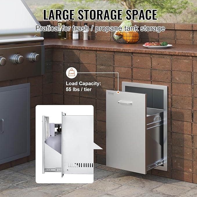 VEVOR Outdoor Kitchen Trash Drawer 16"W x 24.4"H x 16"D Inch, Outdoor Kitchen Propane Tank Drawer, Stainless Steel Pull Out Trash Drawer, with Handle for BBQ Island Trash Bin, Trash Can Pull Out