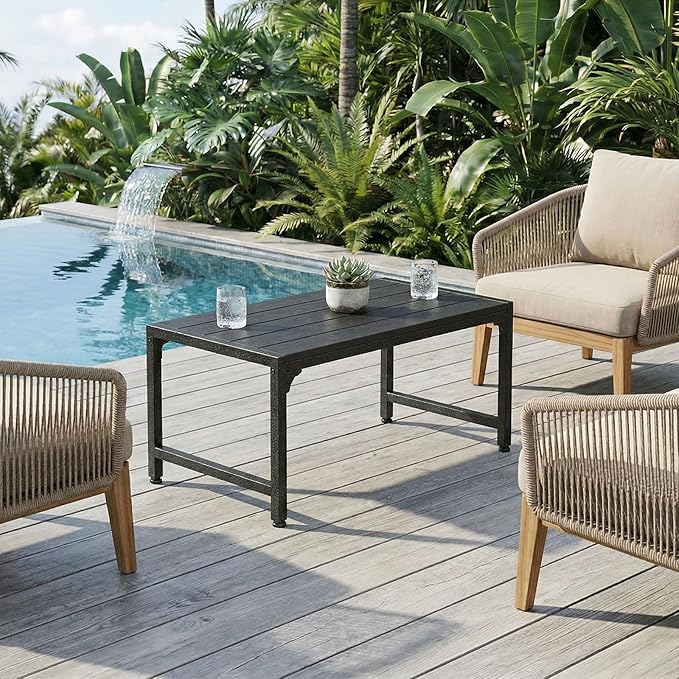 ODK Outdoor Coffee Table, Rectangle Weather-Resistant Patio Coffee Table for Garden, Balcony, Hot Tub, Poolside, Heavy-Duty Metal Frame, Black