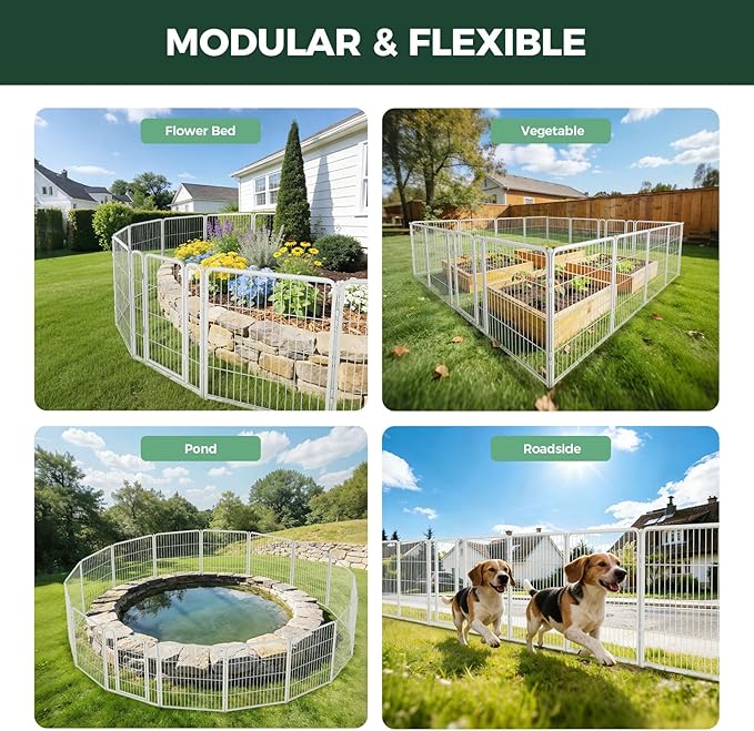 FXW Garden Fence Outdoor for the Yard – 32in(H) x 18.2ft(L) Heavy Duty Metal Animal Barrier for Dog, No Dig Decorative Dog Fence, 8 Panels, White