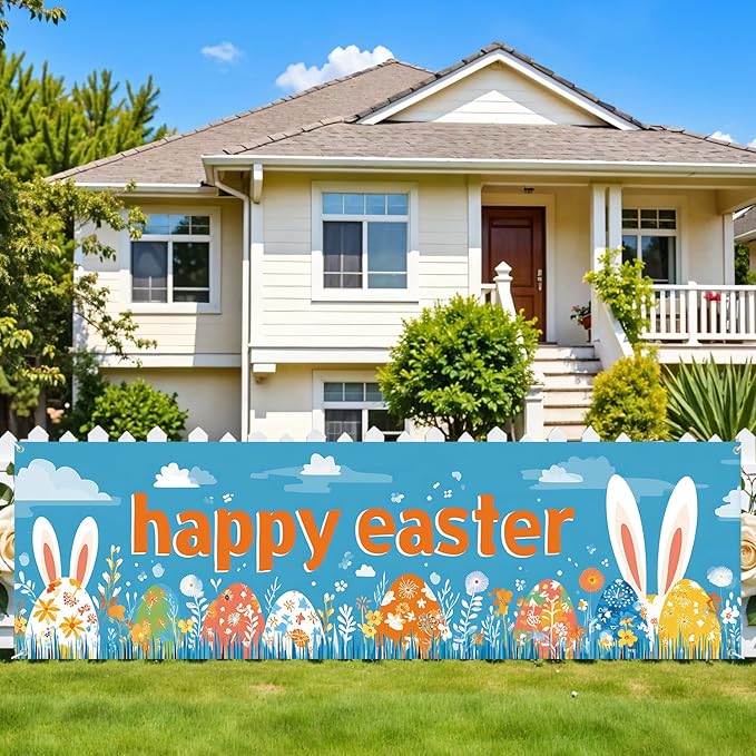10x3 ft Extra Large Happy Easter Banner Outdoor 115''x35'' Cut Rabbit Banner for Fence Outside Garden Large Bunny Banners Yard