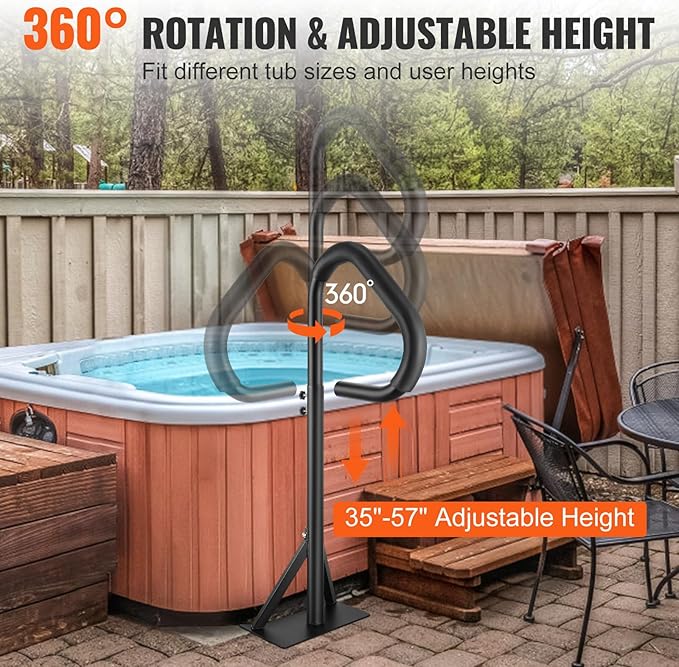 VEVOR Hot Tub Handrail, 360 Rotatable Spa Side Handrail with 35"-57" Adjustable Height, Rust-Proof Aluminum Spa Hot Tub Hand Rail with Slide-Under Mount Base for Indoor & Outdoor, 600LBS Capacity