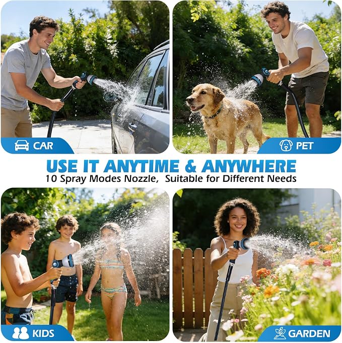 Non-Expanding Garden Hose 75FT with 10-Pattern Nozzle, Lightweight Flexible Water Hose Kink-Resistant, Brass 3/4'' Fittings & Sealing Washers, for Yard Lawn Garden Car Wash Pet Bathing