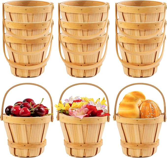 6 Pcs Mini Wooden Apple Baskets 3 x 5.1 Inch Empty Fall Harvest Basket Farmers Market Berry Baskets with Handle for Fruit and Vegetable Picking Wooden Bucket Basket, Wedding Party Decor (10)