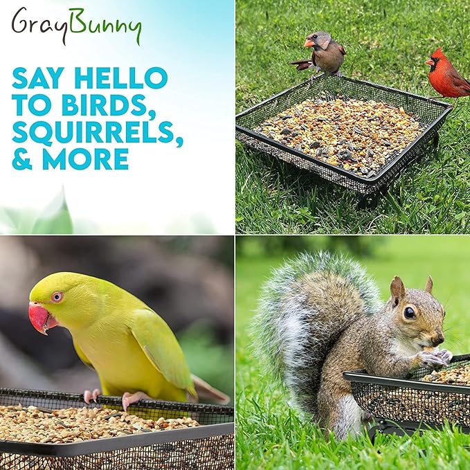 Ground Bird Feeder Tray for Outdoors (Metal) | Platform Mesh Seed Tray, Weather Resistant Backyard Bird Feeder, Garden Yard Decoration for Wild Birds, Squirrels, Dove, Cardinal, Blue Jay (11x11 in)