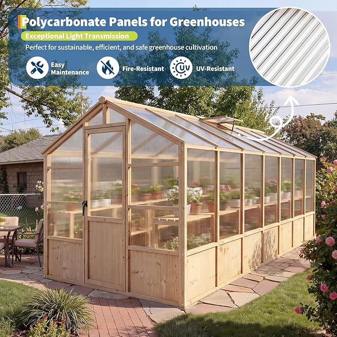 GarveeLife 8'x14' Wooden Greenhouse for Outdoor, Large Walk-in Greenhouse Kit with Ventilated Window, Door & Polycarbonate Panels, Heavy Duty Wood Frame Green House for Patio Garden Backyard